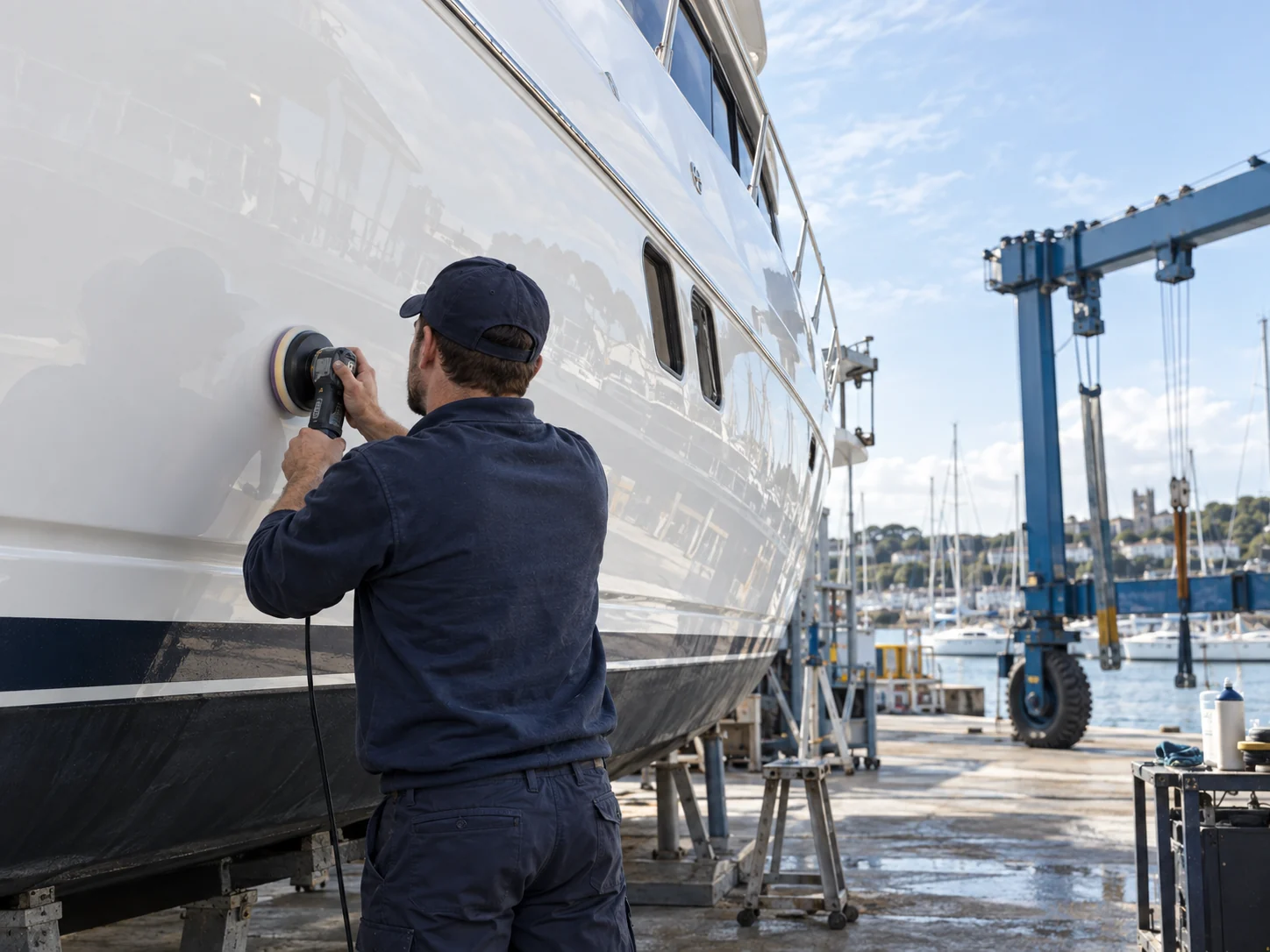 Marina technician polishing the hull of a yacht