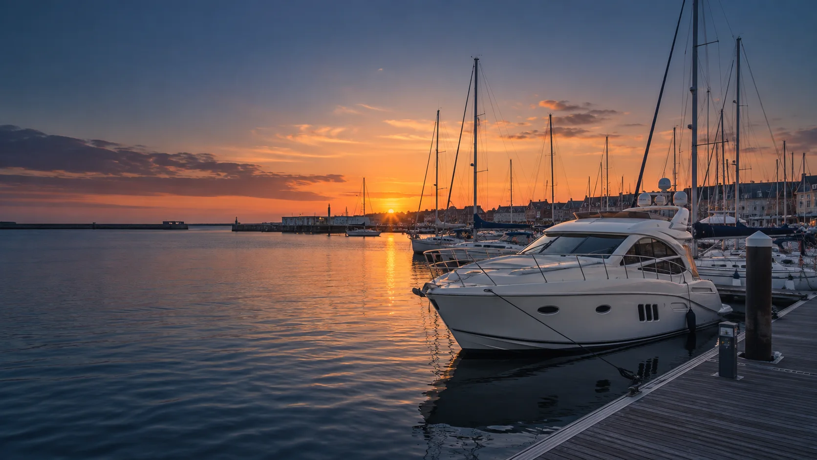 Motor yacht moored in a marina at sunset